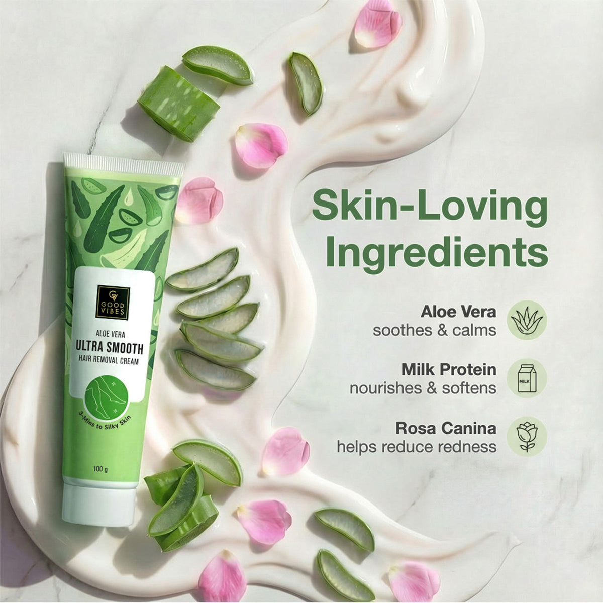 Good Vibes Aloe Vera Ultra Smooth Hair Removal Cream | Quick & Painless Hair Removal | Smooth, Bump-Free Skin | Nourishing, Non-Irritating Formula | 3-Minute Hair Removal | For Sensitive Skin | Body | Legs, Underarms & Arms | 100 gm - Good Vibes image 2