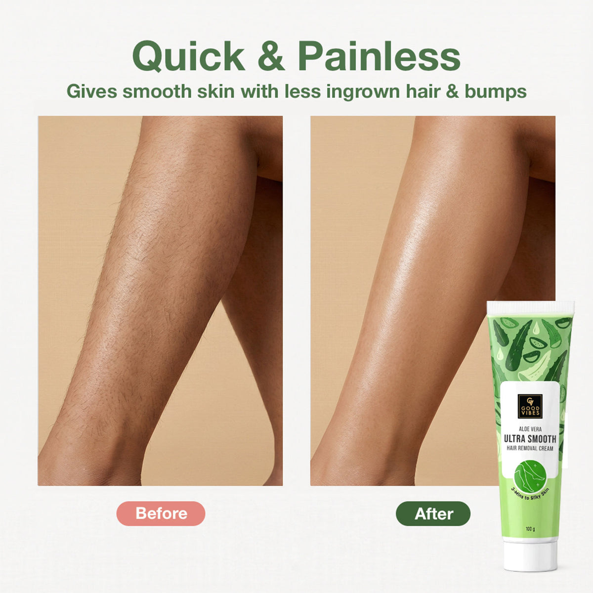 Good Vibes Aloe Vera Ultra Smooth Hair Removal Cream | Quick & Painless Hair Removal | Smooth, Bump-Free Skin | Nourishing, Non-Irritating Formula | 3-Minute Hair Removal | For Sensitive Skin | Body | Legs, Underarms & Arms | 100 gm - Good Vibes image 3