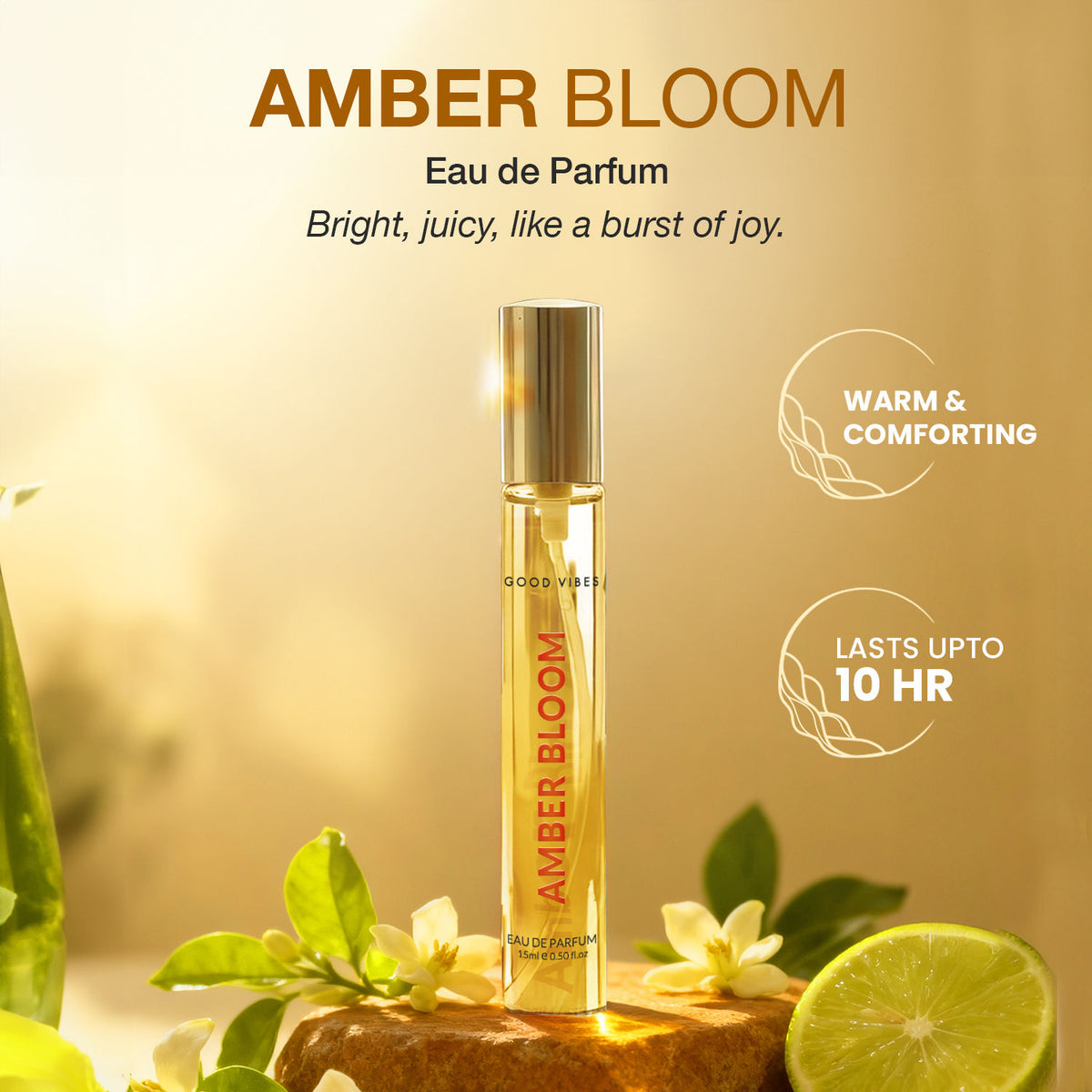 Good Vibes Amber Bloom Eau De Parfum for Women | Long-Lasting Warm Citrus-Floral Fragrance | Green Lemon, Orange Blossom & Vanilla Notes Premium Skin-Safe, Travel-Friendly Pocket Perfume for Women & Girls – 15 ml - Good Vibes