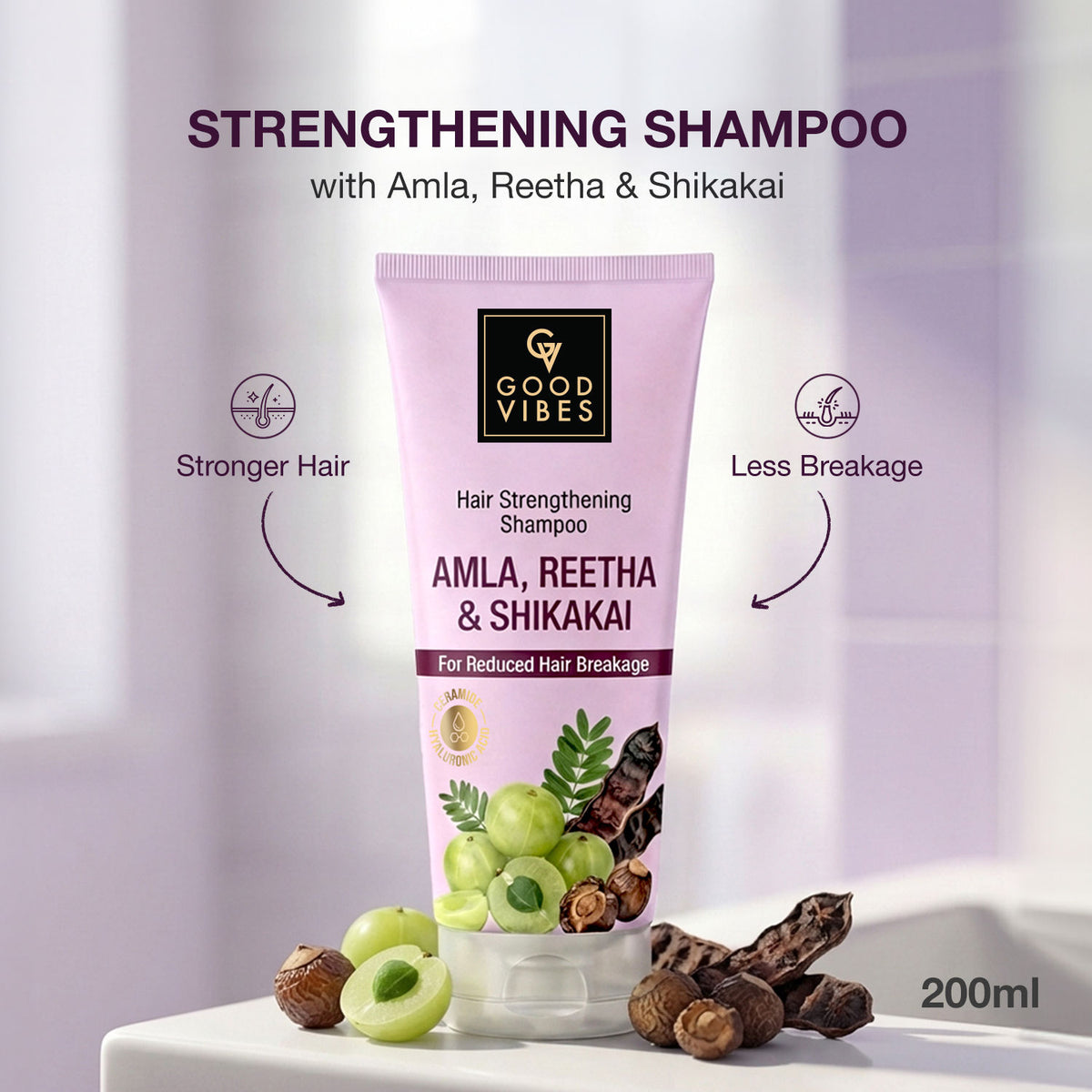 Good Vibes Amla, Reetha & Shikakai Hair Strengthening Shampoo | Reduced Hair Breakage | Stronger, Healthier Hair | Gentle Cleansing for Smooth, Soft & Shiny Hair | 200 ml - Good Vibes