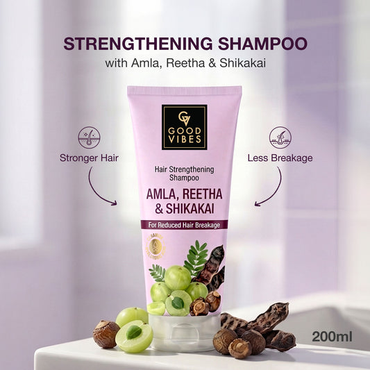 Good Vibes Amla, Reetha & Shikakai Hair Strengthening Shampoo | Reduced Hair Breakage | Stronger, Healthier Hair | Gentle Cleansing for Smooth, Soft & Shiny Hair | 200 ml - Good Vibes