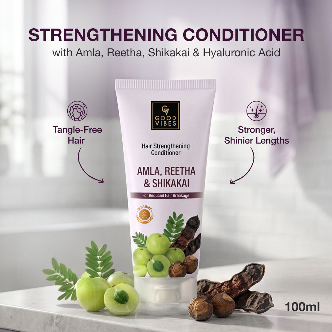 Good Vibes Amla, Reetha & Shikakai Strengthening Conditioner | Reduces Breakage & Strengthens Hair | Smooth & Tangle-Free Hair | Adds Natural Shine | For Weak & Damaged Hair | 100 ml - Good Vibes