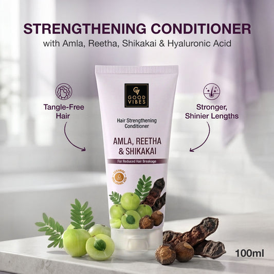 Good Vibes Amla, Reetha & Shikakai Strengthening Conditioner | Reduces Breakage & Strengthens Hair | Smooth & Tangle-Free Hair | Adds Natural Shine | For Weak & Damaged Hair | 100 ml - Good Vibes