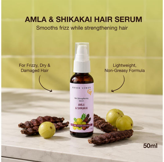 Good Vibes Amla & Shikakai Hair Strengthening Serum Powered by Amla & Shikakai For Frizzy, Dry & Damaged Hair | Helps Smooth Frizz | Strengthens Hair & Reduces Breakage | Lightweight & Non-Greasy Formula | Provides a Glossy, Salon-Like Finish | 50 ml - Good Vibes