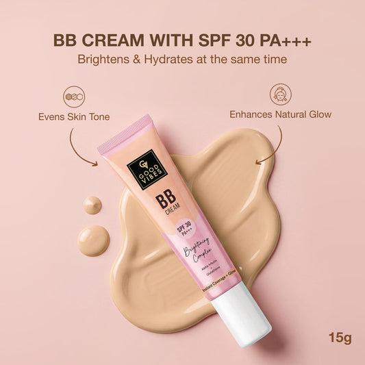 Good Vibes BB Cream SPF 30 PA+++ | Brightening Complex with Alpha Arbutin, Glutathione, Niacinamide & Hyaluronic Acid | Even Skin Tone| Instant Spot Coverage | Natural Glow & Hydration | Lightweight Daily Wear | 15 gm - Good Vibes