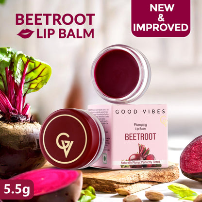 Good Vibes Beetroot Plumping Lip Balm |New & Improved| SPF | Reduces Pigmentation, Perfectly Tinted Lips | Hydrating & Nourishing Care | With Sweet Almond & Olive Oils (5.5 gm) - Good Vibes