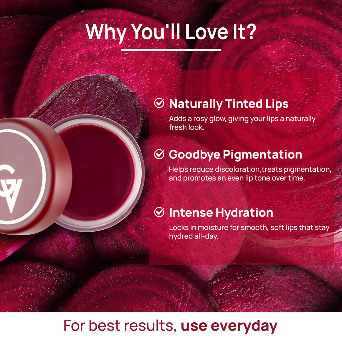 Good Vibes Beetroot Plumping Lip Balm |New & Improved| SPF | Reduces Pigmentation, Perfectly Tinted Lips | Hydrating & Nourishing Care | With Sweet Almond & Olive Oils (5.5 gm) - Good Vibes image 3