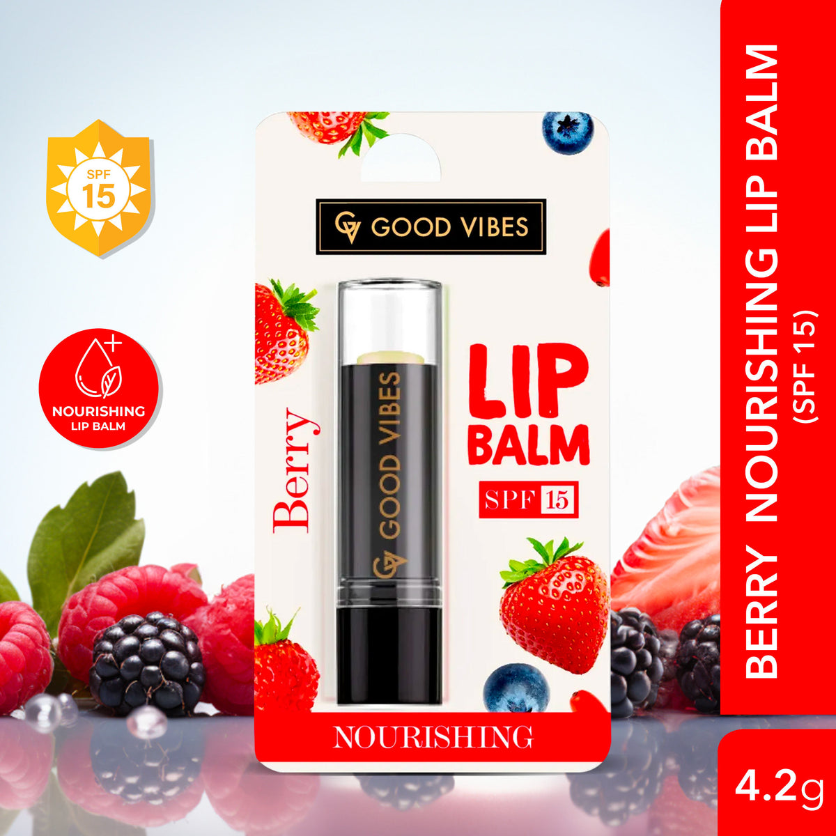 Good Vibes Berry Nourishing Lip Balm SPF 15 | Smooths, Shine | Vegan, No Parabens, No Sulphates, No Mineral Oil, No Animal Testing, No Silicones (4.2 gm) - Good Vibes