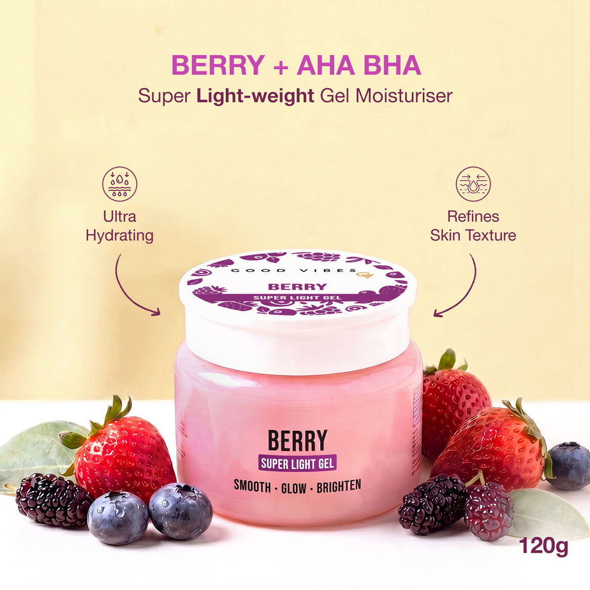 Good Vibes Berry Super Light Gel Moisturiser | 6% Hydration Complex + AHA + BHA | Oil-Free Gel Moisturise | Lightweight Hydration for Smooth & Even-Looking Skin | Non-Sticky & Fast-Absorbing | 120 gm - Good Vibes