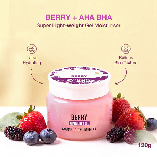 Good Vibes Berry Super Light Gel Moisturiser | 6% Hydration Complex + AHA + BHA | Oil-Free Gel Moisturise | Lightweight Hydration for Smooth & Even-Looking Skin | Non-Sticky & Fast-Absorbing | 120 gm - Good Vibes