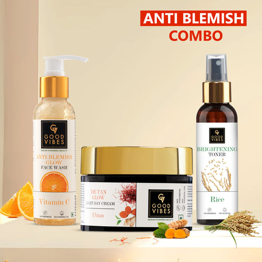 Good Vibes Blemish Free Skin Combo| Vitamin C Glow Face Wash (120 ml) + Rice Brightening Toner (120 ml) + Ubtan De-tan Glow Light Day Cream (50 g) | Depigmentation, Glow, Even Skin - Combo of 3 - Good Vibes