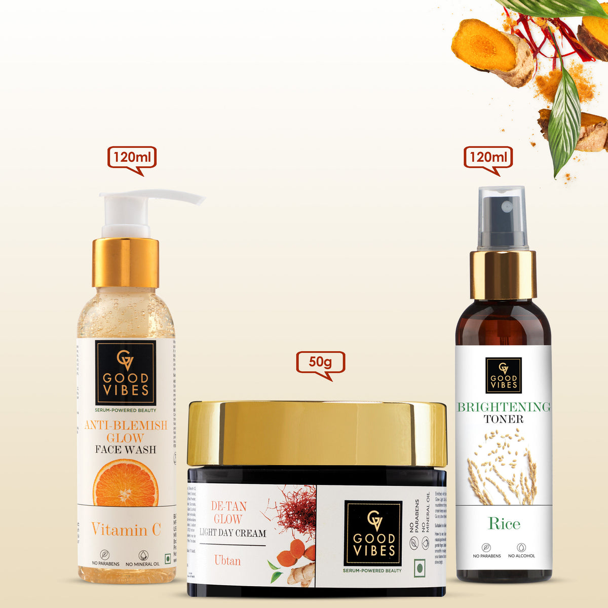Good Vibes Blemish Free Skin Combo| Vitamin C Glow Face Wash (120 ml) + Rice Brightening Toner (120 ml) + Ubtan De-tan Glow Light Day Cream (50 g) | Depigmentation, Glow, Even Skin - Combo of 3 - Good Vibes image 2