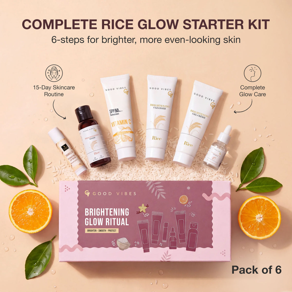 Good Vibes Brightening Glow Ritual Kit For Korean Glass Skin | Rice Water, 10% Niacinamide & Vitamin C | | Face Cleanser (30 ml), Toner(30 ml), Gel Creme(25 gm), Face Serum(5 ml), SPF 50 Sunscreen(30 gm) & Lip Balm(4 gm) | Pack of 6 - Good Vibes