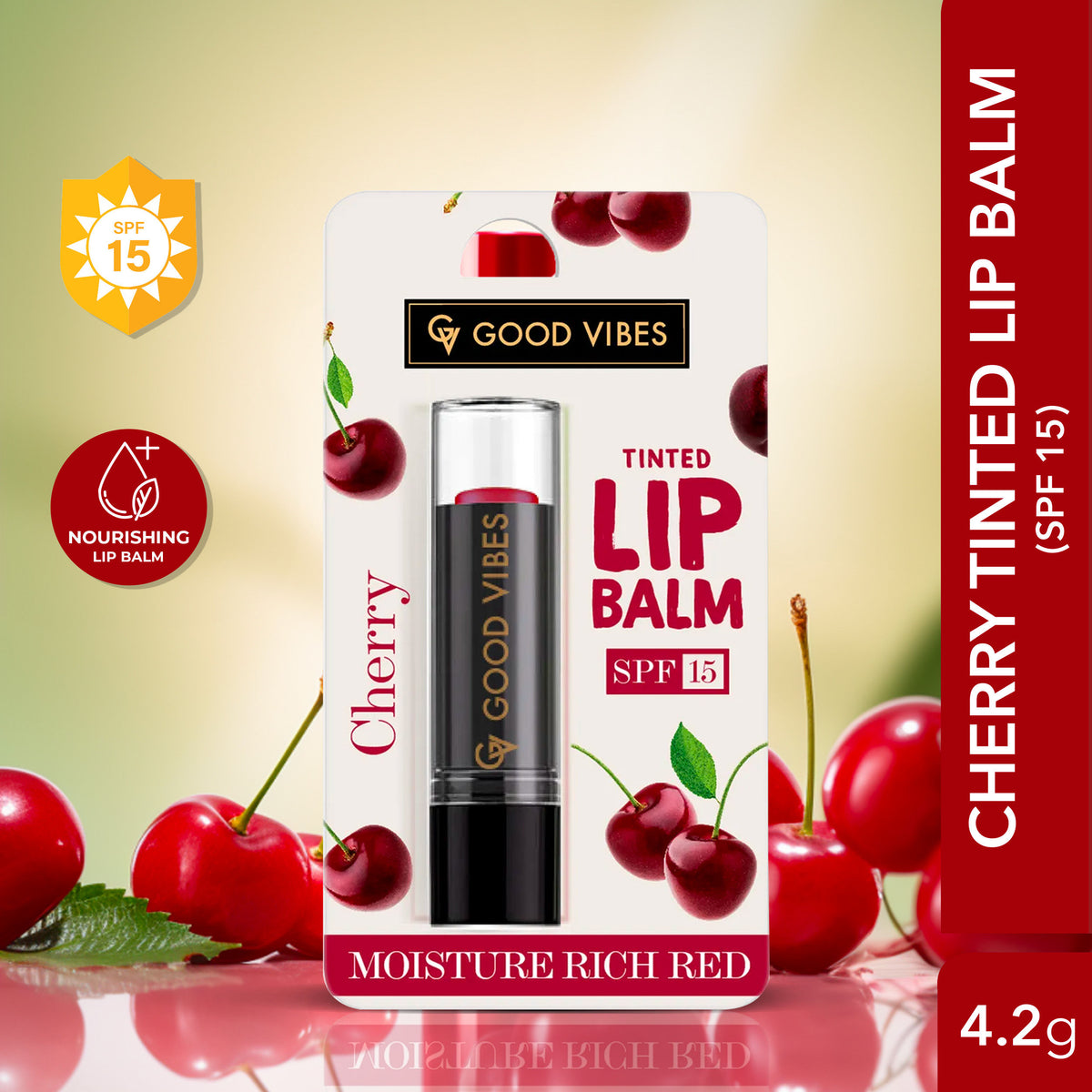 Good Vibes Cherry Moisture Rich Red Tinted Lip Balm SPF 15 | Plum & Glossy, Softening | Vegan, No Parabens, No Sulphates, No Mineral Oil, No Animal Testing, No Silicones (4.2 gm) - Good Vibes