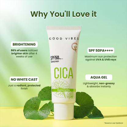 Good Vibes CICA Brightening Glow Sunscreen SPF 50 PA++++|Cica Extract, 3% Niacinamide, & Hyaluronic Acid|Brightening Sunscreen|Lightweight Aqua Gel|Non-Greasy|No White Cast|Fragrance-Free|Suitable for All Skin Types|Suitable for Oily Skin - 50 gm - Good Vibes image 3