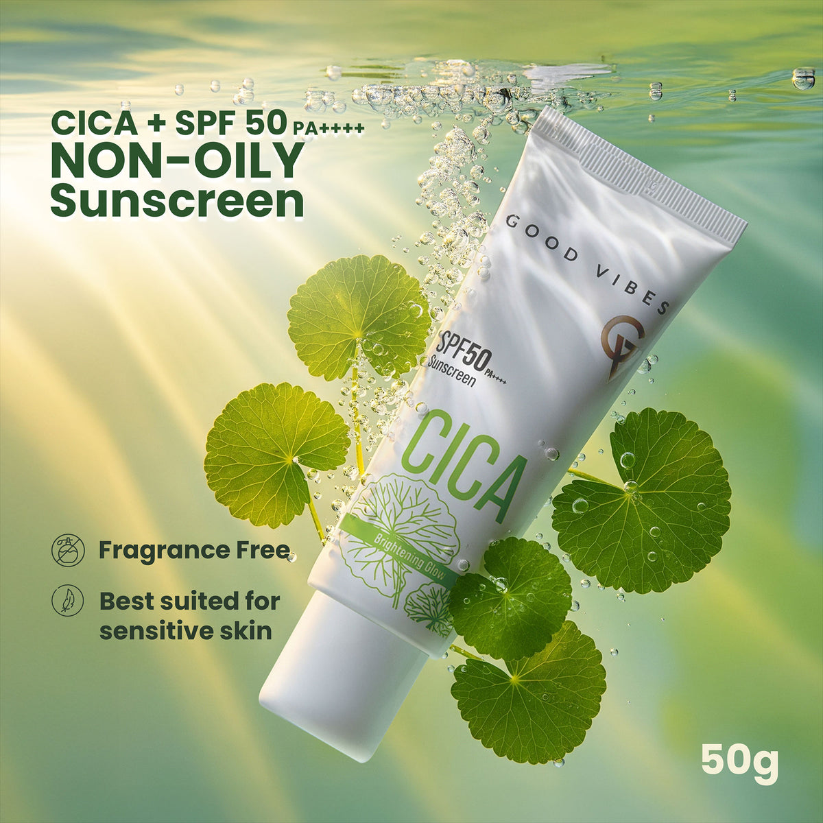 Good Vibes CICA Brightening Glow Sunscreen SPF 50 PA++++|Cica Extract, 3% Niacinamide, & Hyaluronic Acid|Brightening Sunscreen|Lightweight Aqua Gel|Non-Greasy|No White Cast|Fragrance-Free|Suitable for All Skin Types|Suitable for Oily Skin - 50 gm - Good Vibes