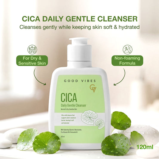 Good Vibes Cica Daily Gentle Cleanser | Hydrating Face Wash for Dry & Sensitive Skin Only | With Cica, Niacinamide & Hyaluronic Acid | Non Foaming Formula | Provides Skin Barrier Support | Sulphate-Free | 120 ml - Good Vibes