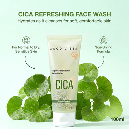 Good Vibes Cica Refreshing Face Wash | Infused with Cica & Pro-Vitamin B5 | pH-Balanced, Non-Drying Gel Formula | Helps Maintain Moisture Barrier | Fragrance -Free | Ideal for Normal to Dry & Sensitive Skin | 100 ml - Good Vibes