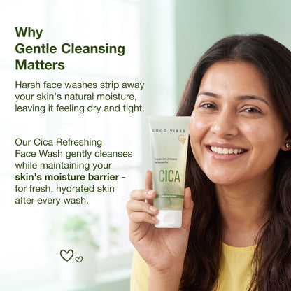 Good Vibes Cica Refreshing Face Wash | Infused with Cica & Pro-Vitamin B5 | pH-Balanced, Non-Drying Gel Formula | Helps Maintain Moisture Barrier | Fragrance -Free | Ideal for Normal to Dry & Sensitive Skin | 100 ml - Good Vibes image 3