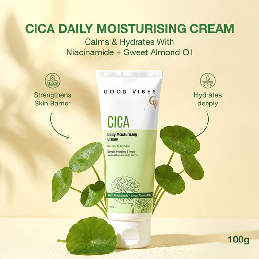 Good Vibes Cica Daily Moisturising Cream | Powered With Cica, Niacinamide & Sweet Almond Oil | Deeply Hydrates, Calms & Strengthen Skin Barrier | Suitable For Normal to Dry Skin | 100 gm - Good Vibes