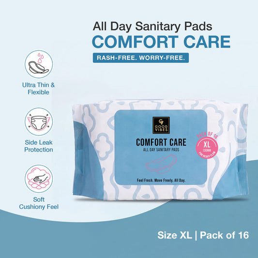 Good Vibes Comfort Care All Day Sanitary Pads | Ultra Thin & Flexible | Cottony Soft Topsheet | Rash-Free & Breathable | Side Leak Protection | Perfume-Free Pads for Women | Heavy Flow | Size XL | Pack of 16 - Good Vibes