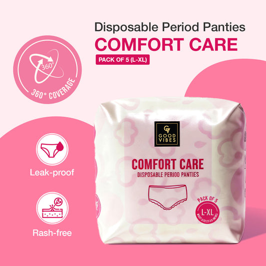 Good Vibes Comfort Care Disposable Period Panties for Women Pack of 5 (L-XL) – Leak-Proof, Rash-Free & Super Absorbent | 360° Coverage | Overnight Protection for Heavy Flow | Sanitary Underwear | - Good Vibes