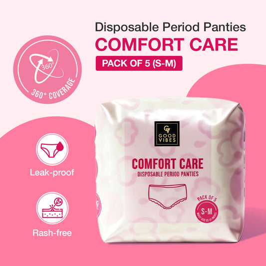 Good Vibes Comfort Care Disposable Period Panties for Women Pack of 5 (S-M) – Leak-Proof, Rash-Free & Super Absorbent | 360° Coverage | Overnight Protection for Heavy Flow | Sanitary Underwear | - Good Vibes