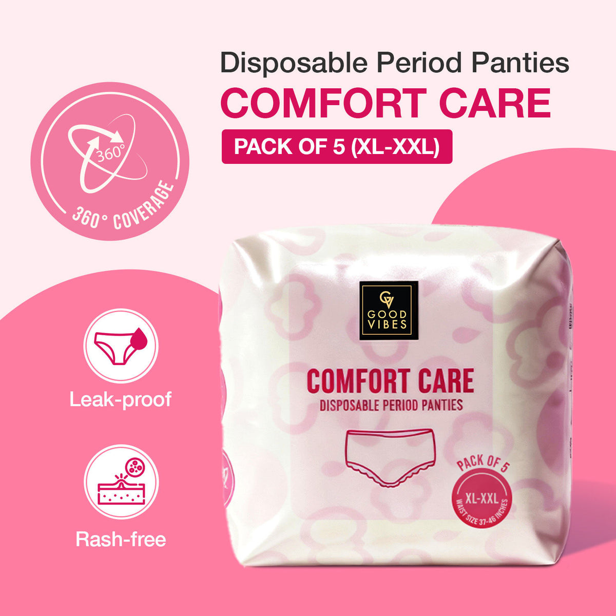 Good Vibes Comfort Care Disposable Period Panties for Women Pack of 5 (XL-XXL) – Leak-Proof, Rash-Free & Super Absorbent | 360° Coverage | Overnight Protection for Heavy Flow | Sanitary Underwear | - Good Vibes