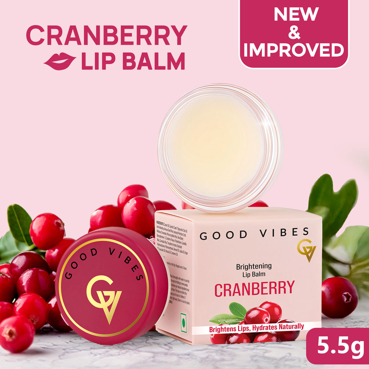 Good Vibes Cranberry Brightening Lip Balm | New & Improved| Ideal for Chapped & Pigmented lips | Brightens lips (5.5 gm) - Good Vibes
