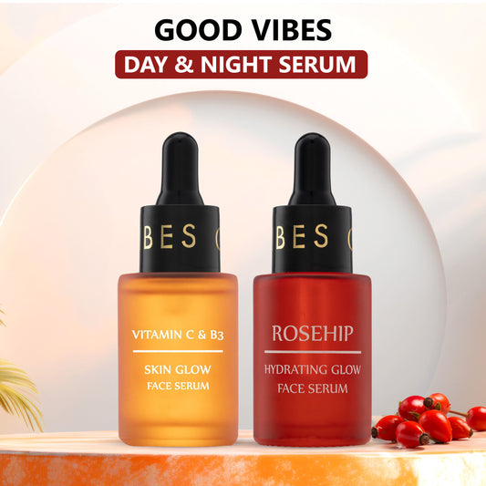 Good Vibes Day & Night Skin Healing Combo | Vitamin C & B3 (Niacinamide) Skin Glow Face Serum (30 ml) + Rosehip Hydrating Glow Face Serum (30 ml) - Combo of 2 - Good Vibes