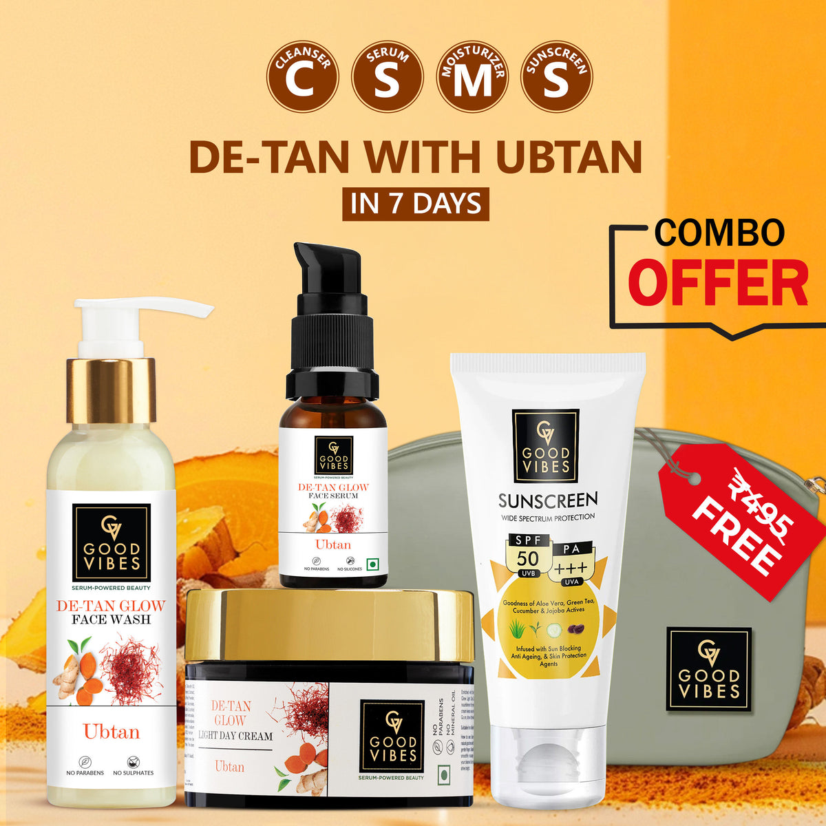 Good Vibes De- tan Ubtan CSMS Combo : Facewash (120 ml) + Serum (30 ml) + Day Cream (50 gm) + Sunscreen (50 gm) - Good Vibes