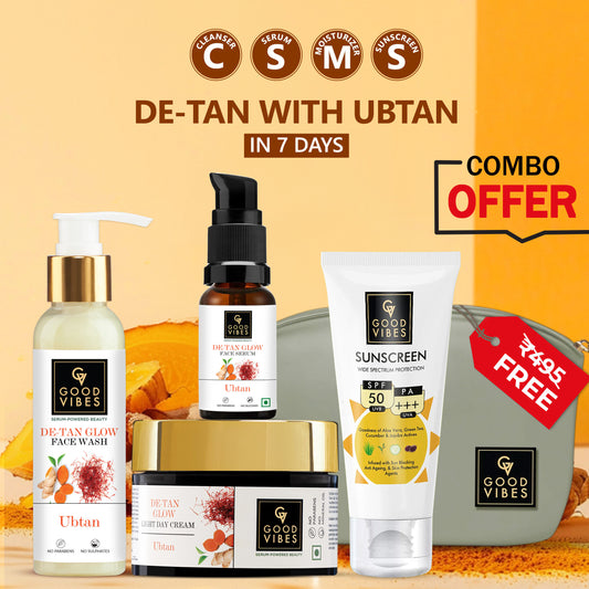 Good Vibes De- tan Ubtan CSMS Combo : Facewash (120 ml) + Serum (30 ml) + Day Cream (50 gm) + Sunscreen (50 gm) - Good Vibes