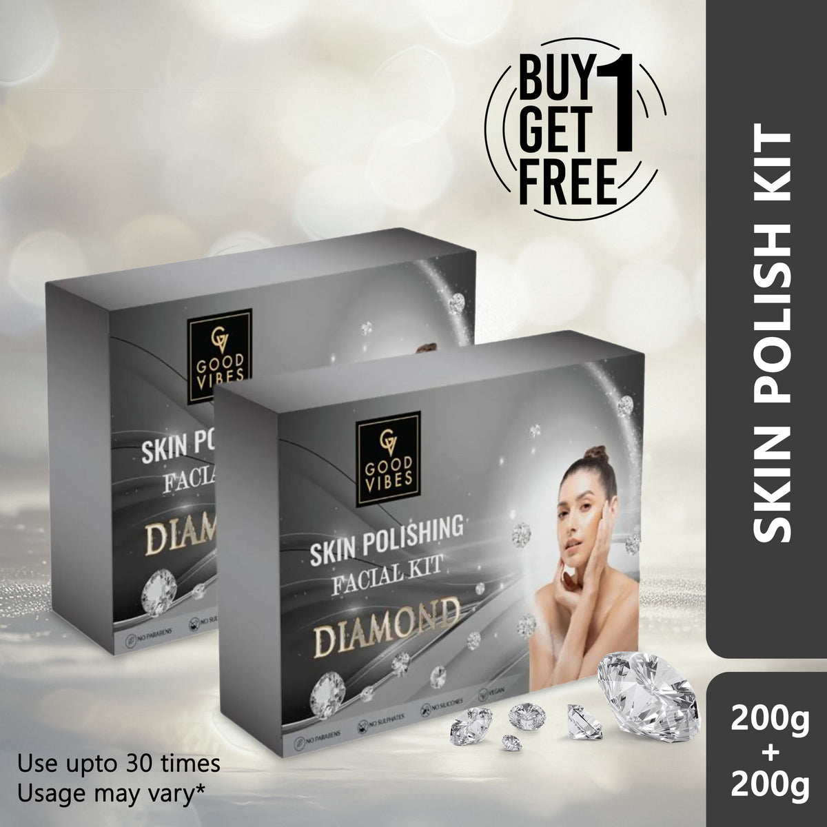 Good Vibes Diamond Skin Polishing Facial Kit | Glass Skin Effect, Can Be Used Up to 30 Times (Usage May Vary by Individual) BUY 1 GET 1 FREE (400 gm) - Good Vibes
