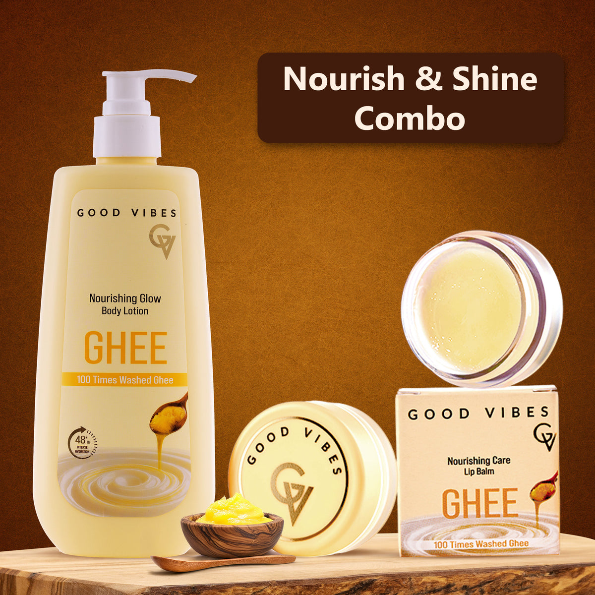 Good Vibes Double the Goodness: Ghee Lip Balm & Body Lotion | For Soft, Nourished Skin (Combo of 2) - Good Vibes