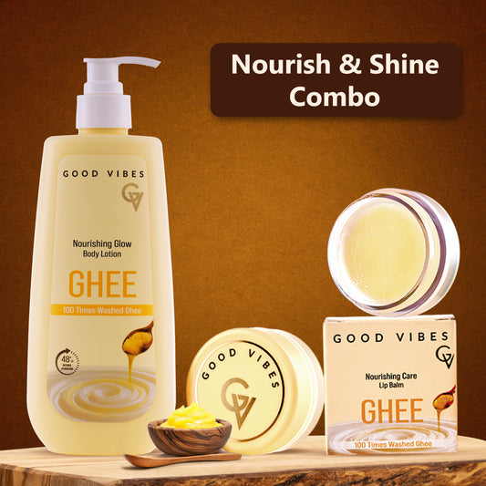 Good Vibes Double the Goodness: Ghee Lip Balm & Body Lotion | For Soft, Nourished Skin (Combo of 2) - Good Vibes