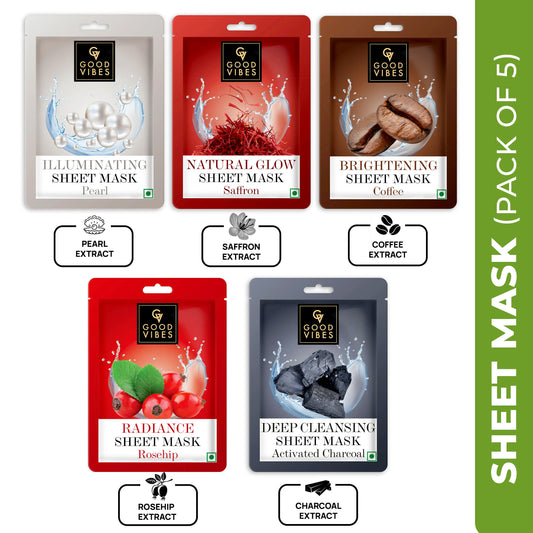 Good Vibes Face Serum Sheet Mask (Pack of 5) (Rosehip Radiant, Saffron Glow, Illuminating Pearl, Brightening Coffee, Deep Cleansing Activated Charcoal) (20g x 5) - Good Vibes
