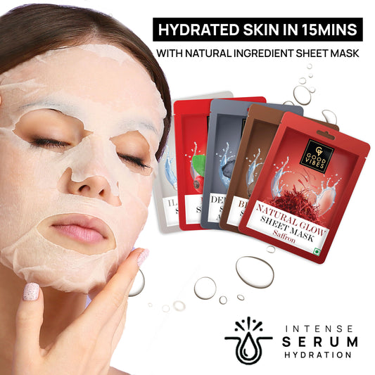 Good Vibes Face Serum Sheet Mask (Pack of 5) (Rosehip Radiant, Saffron Glow, Illuminating Pearl, Brightening Coffee, Deep Cleansing Activated Charcoal) (20g x 5) - Good Vibes image 2