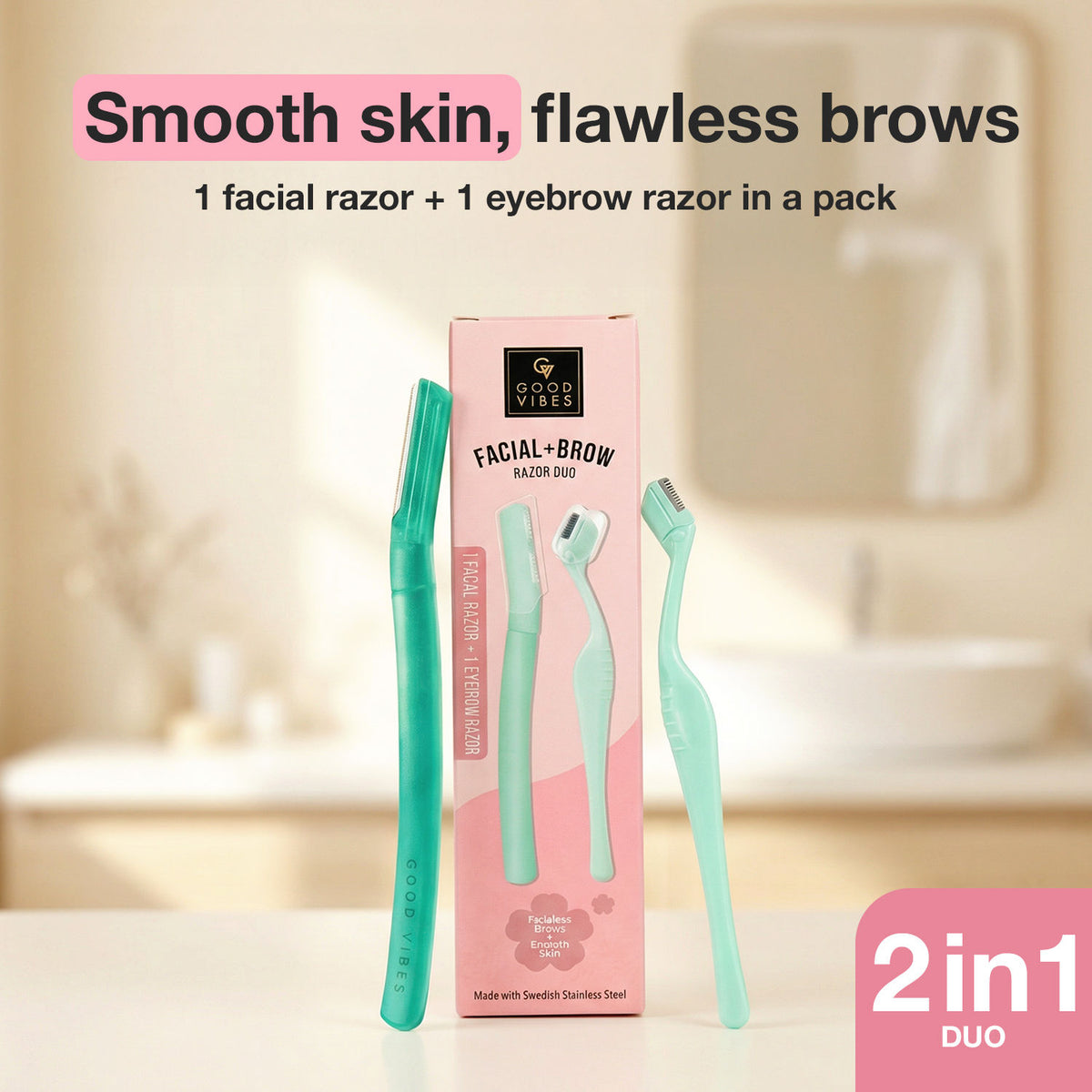 Good Vibes Facial & Brow Razor Duo for Women- Pack of 2 | Instant & Painless Hair Removal  | Face & Eyebrow Razor | Removes Peach Fuzz, Upper Lip & Sideburns | Dermaplaning Tool | For Sensitive Skin - Good Vibes