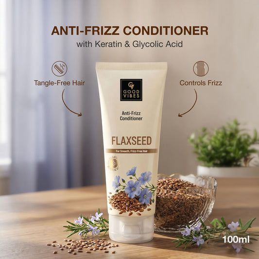Good Vibes Flaxseed, Keratin & Glycolic Acid Anti-Frizz Conditioner | Smoothens Hair & Controls Frizz | Adds Shine & Improves Manageability | For Soft, Tangle-Free Hair | Suitable for All Hair Types | 100 ml - Good Vibes