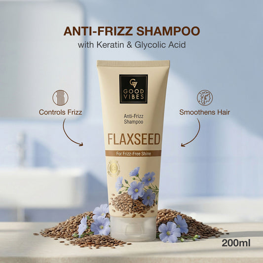 Good Vibes Flaxseed, Keratin & Glycolic Acid Anti-Frizz Shampoo | Controls Frizz & Flyaways | Smooth, Soft & Manageable Hair | Gentle Cleansing Shampoo for Frizz-Free Shine | 200 ml - Good Vibes