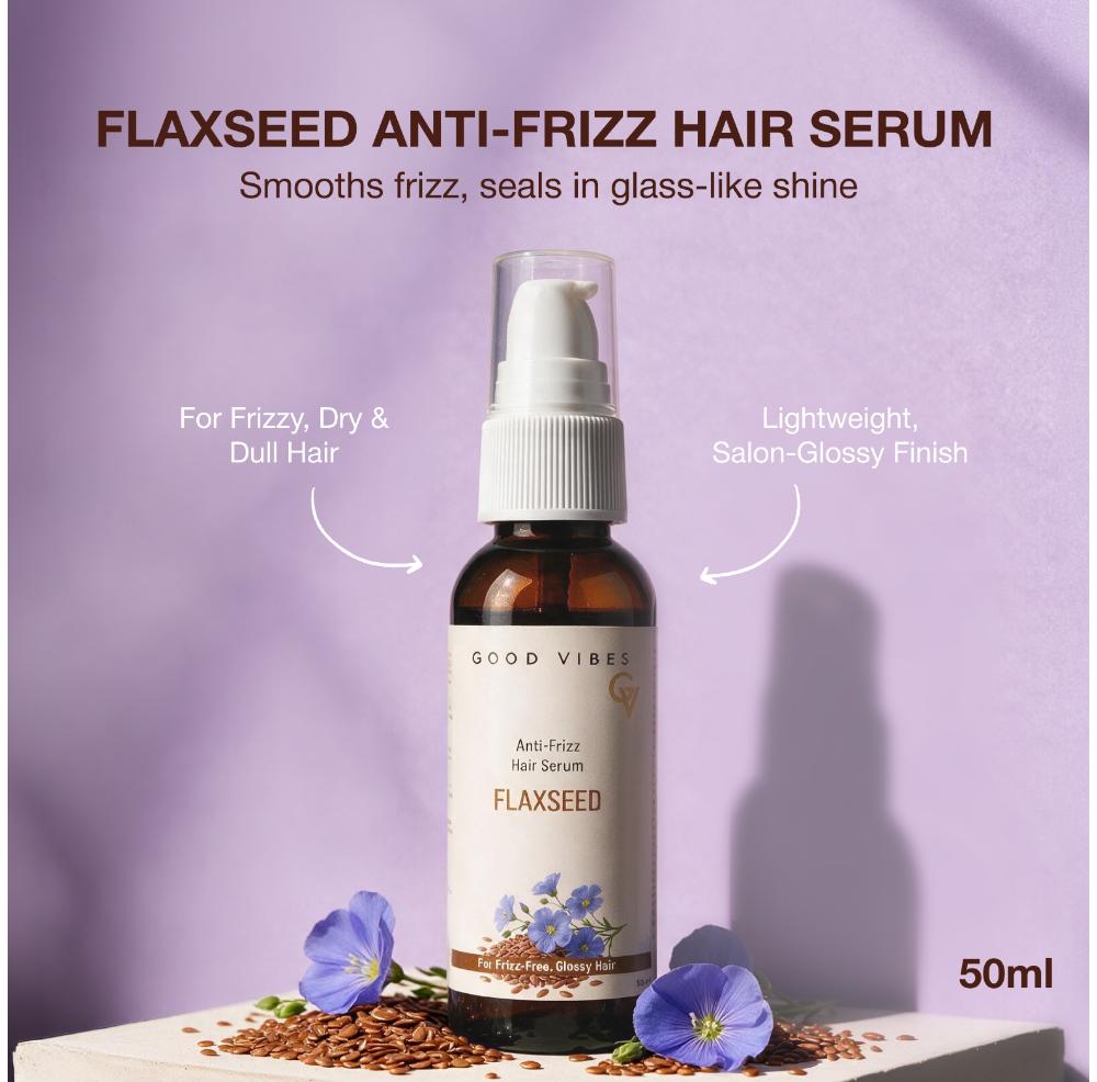Good Vibes Flaxseed Anti-Frizz Hair Serum | Powered by Flaxseed & Hydrolysed Keratin | Boosts Shine & Smoothness | Deeply Nourishes Dry Hair | Lightweight & Non- Greasy Formula | Provides a Glossy, Salon-Like Finish | 50 ml - Good Vibes