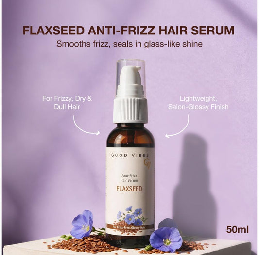 Good Vibes Flaxseed Anti-Frizz Hair Serum | Powered by Flaxseed & Hydrolysed Keratin | Boosts Shine & Smoothness | Deeply Nourishes Dry Hair | Lightweight & Non- Greasy Formula | Provides a Glossy, Salon-Like Finish | 50 ml - Good Vibes
