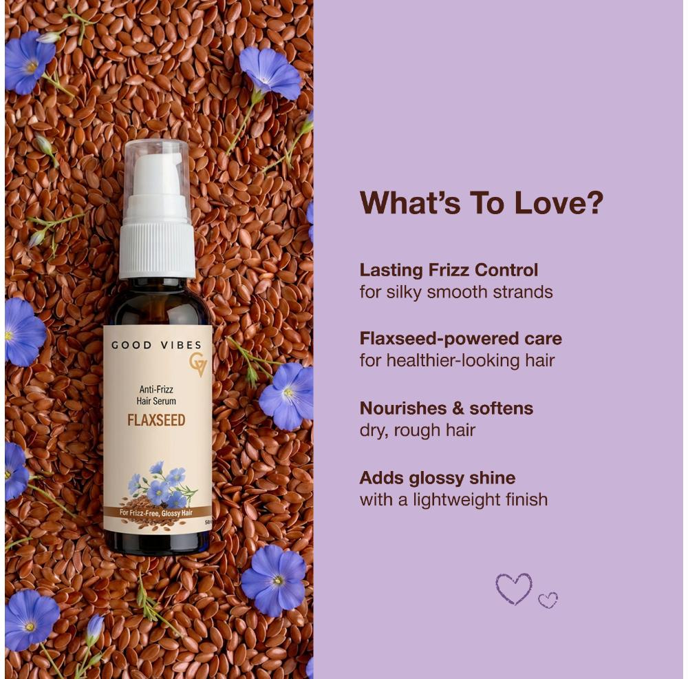 Good Vibes Flaxseed Anti-Frizz Hair Serum | Powered by Flaxseed & Hydrolysed Keratin | Boosts Shine & Smoothness | Deeply Nourishes Dry Hair | Lightweight & Non- Greasy Formula | Provides a Glossy, Salon-Like Finish | 50 ml - Good Vibes image 3