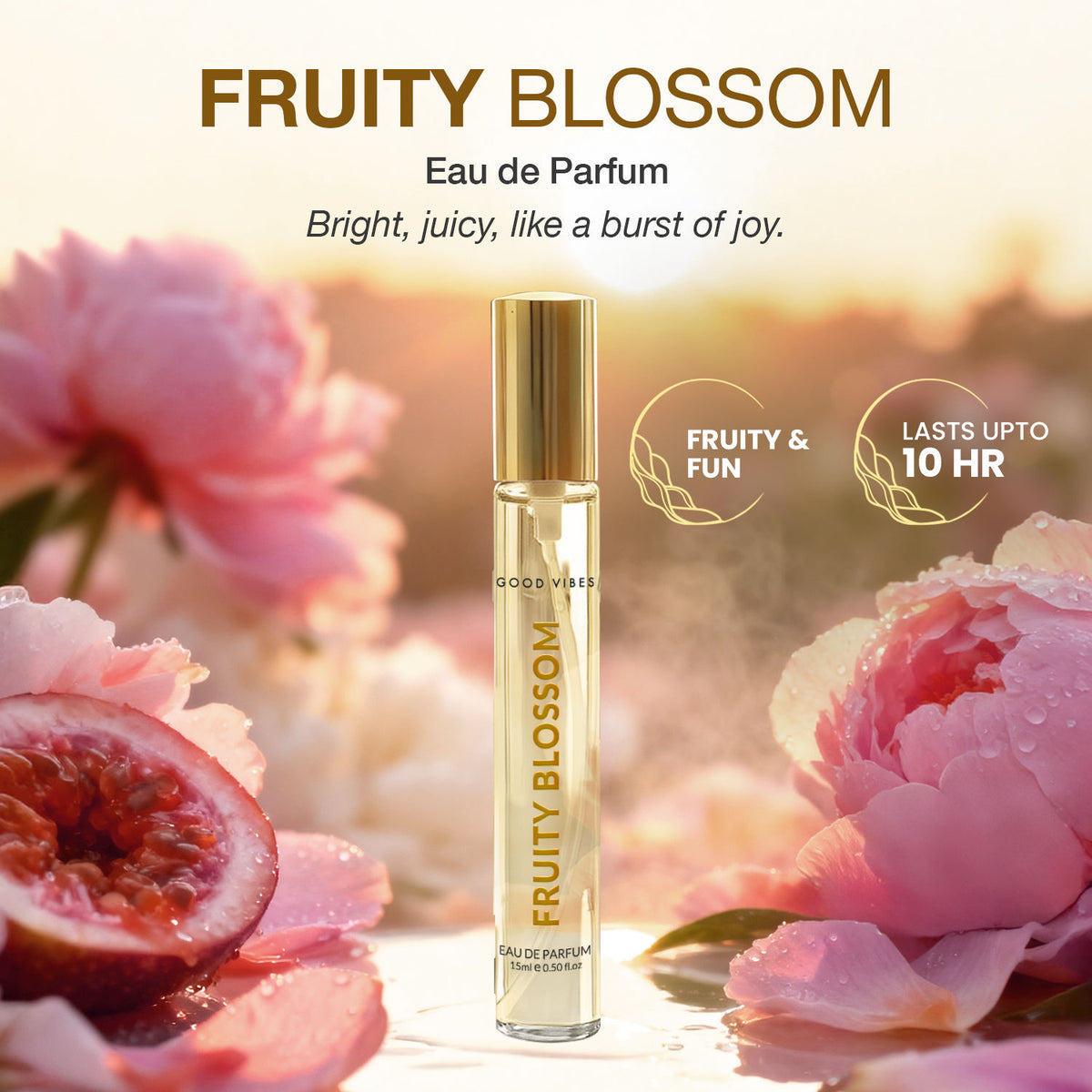 Good Vibes Fruity Blossom Eau de Parfum – Passionfruit & Peony | Fruity Floral Perfume | Fresh, Playful & Uplifting Scent | Long-Lasting up to 10 Hours | Travel-Friendly Pocket Perfume for Women & Girls – 15 ml - Good Vibes