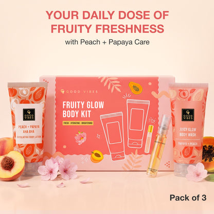 Good Vibes Fruity Glow Body Kit | AHA BHA, Peach & Papaya | 3-Step Daily Glow Ritual | Body Wash, Body Lotion & Perfume | Pack of 3 - Good Vibes
