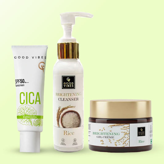 Good Vibes Glass Skin Routine (Rice Brightening Face Cleanser-120 gm + Rice Brightening Gel Creme-50 gm + CICA Brightening Glow Sunscreen-50 gm) Combo of 3 - Good Vibes