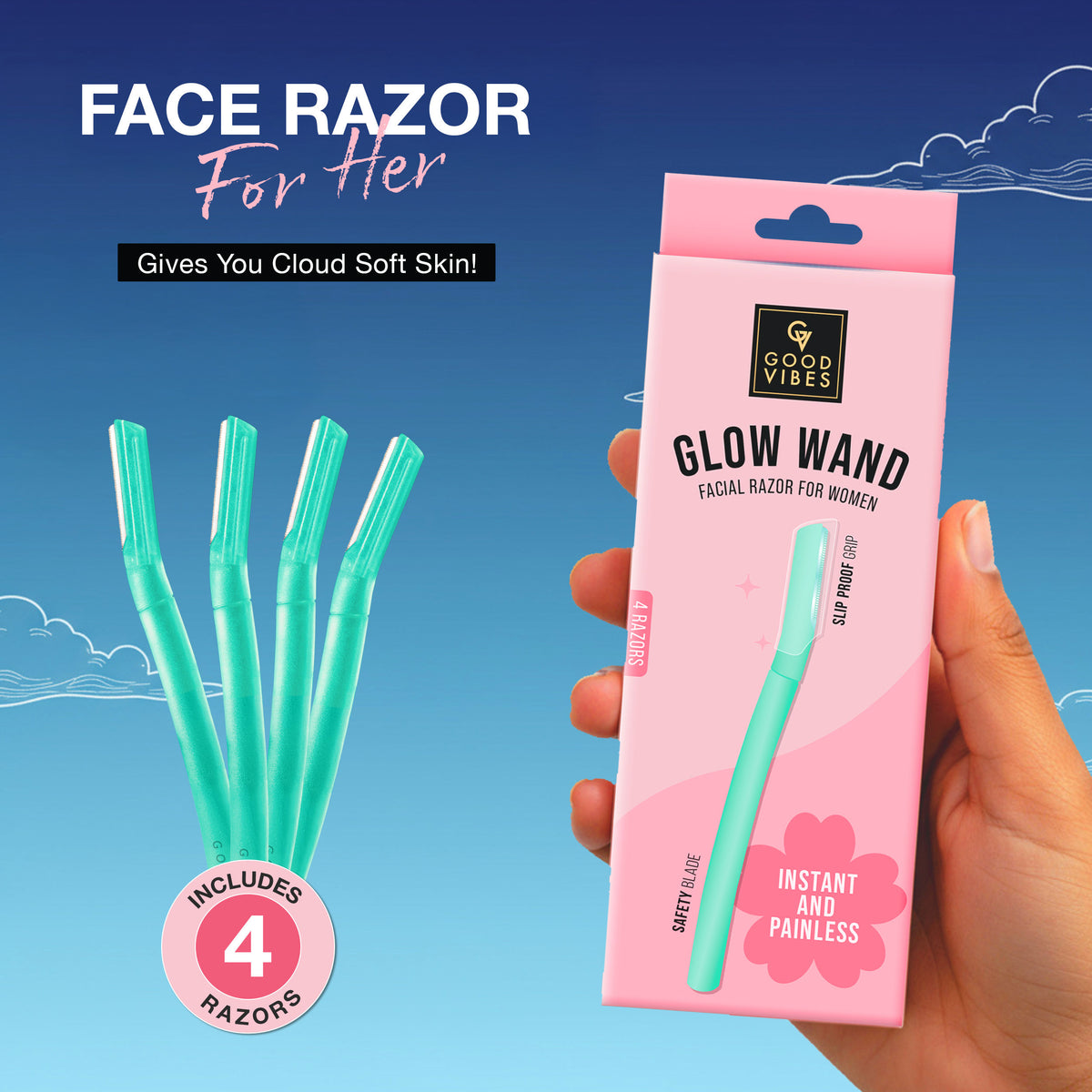 Good Vibes Glow Wand Facial Razor Pack of 4 for Women | Instant & Painless Hair Removal | Shaving for Upper Lip, Chin, Sideburns & Eyebrows | Smooth, Hair-Free Skin | Dermaplaning & Exfoliation | Gentle & Slip-Proof | Suitable for Sensitive Skin - Good Vibes