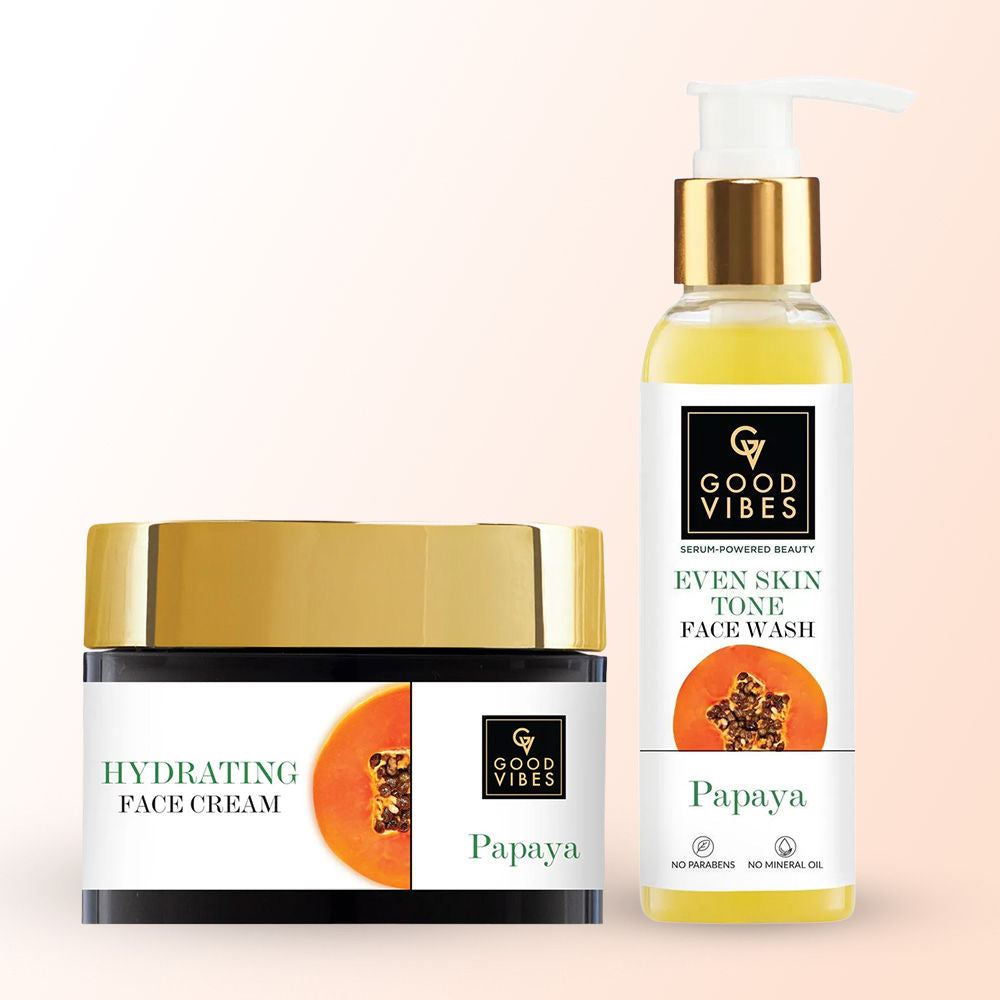 Good Vibes Glow Boost Combo (Papaya Brightening Even Skin Tone Face Wash-120 ml + Papaya Hydrating Face Cream-50 gm) Combo of 2 - Good Vibes
