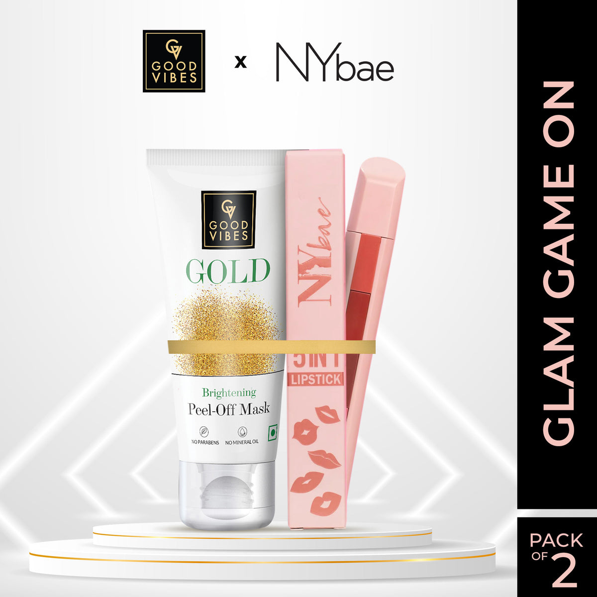 Good Vibes x NY Bae (Good Vibes Gold Brightening Peel Off Mask (50 gm) x NY Bae 5 in 1 Lipstick (Nude) Combo.) - Good Vibes