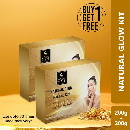 Good Vibes Gold Natural Glow Facial Kit | Parlour wala glow at home, Can Be Used Up to 30 Times (Usage May Vary by Individual) BUY 1 GET 1 FREE (400 gm) - Good Vibes
